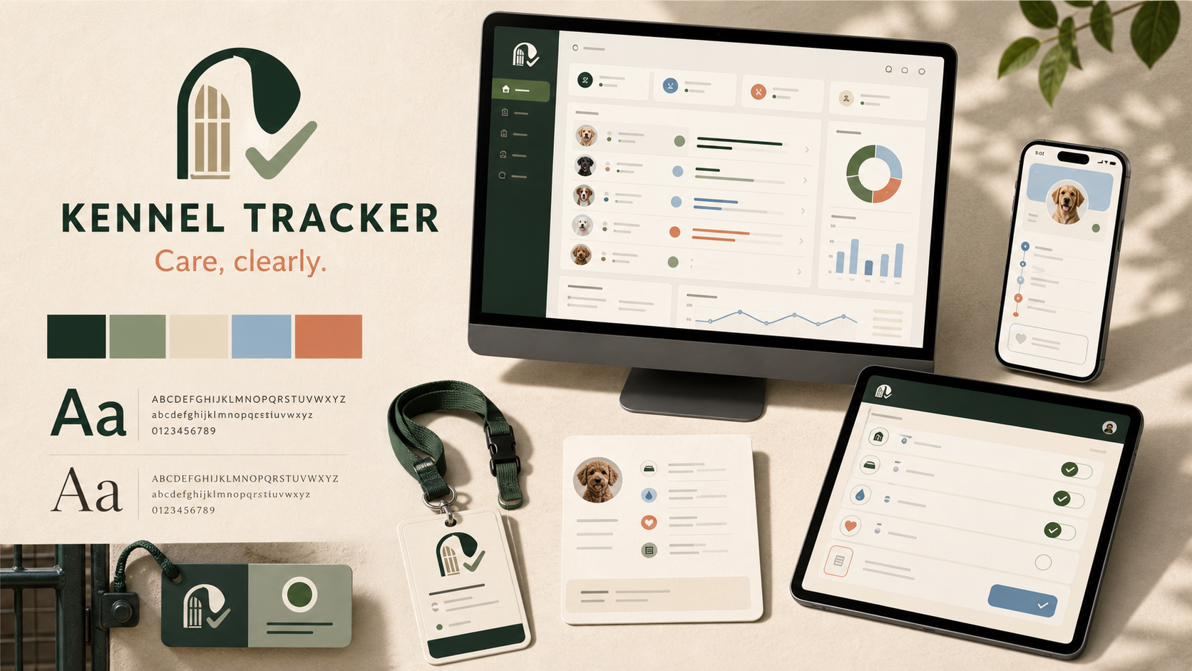 Kennel Tracker brand system with desktop, tablet, mobile, staff badge, and kennel touchpoint mockups