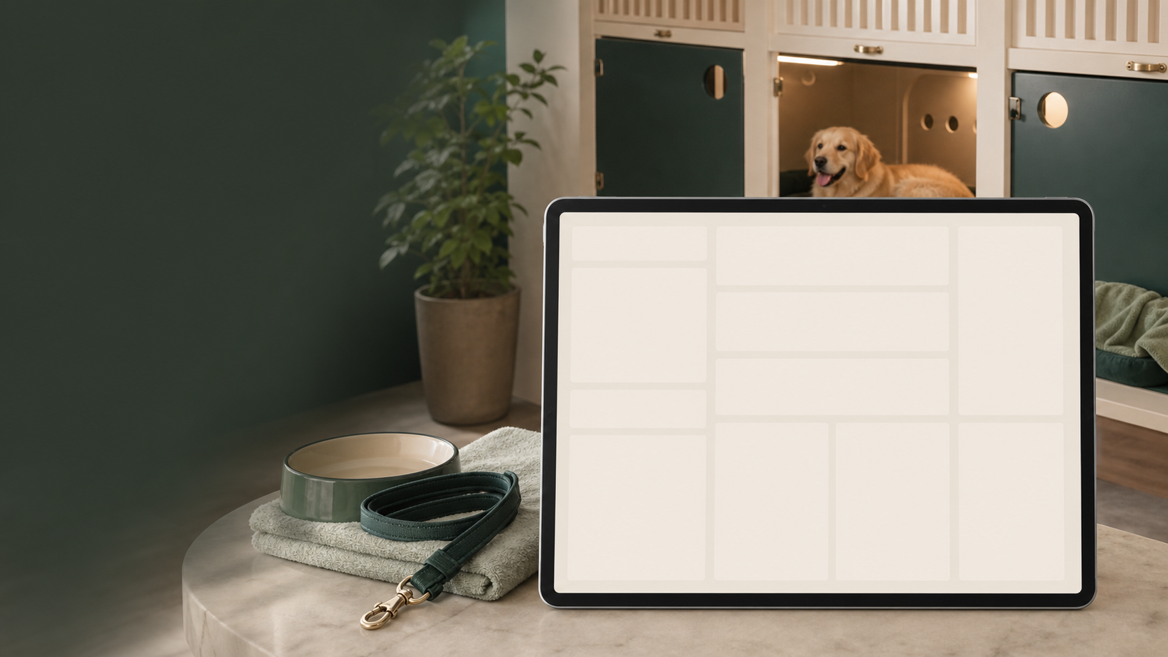 A calm kennel care suite with a dog beside a live care-board tablet