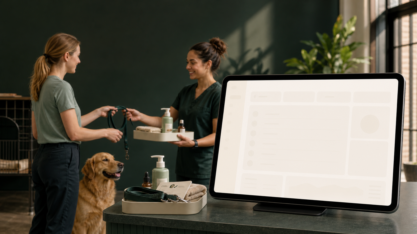 Two kennel caregivers sharing a dog care handoff beside a connected tablet