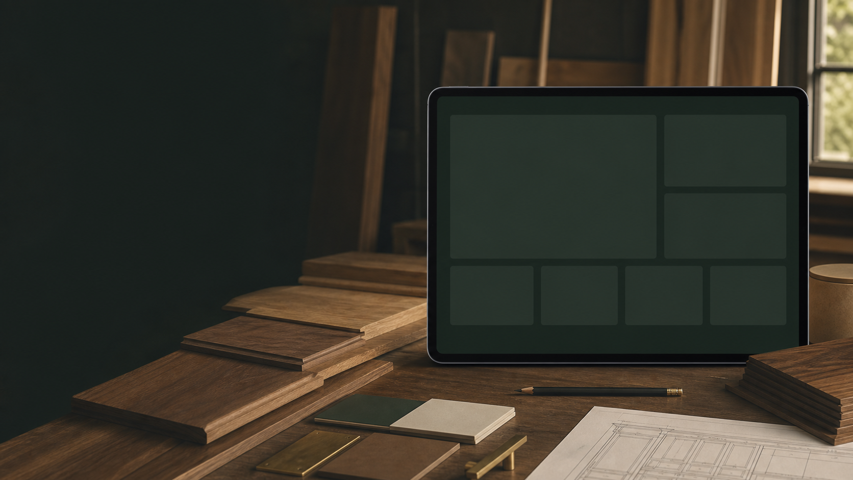 North Field project tablet among cabinetry samples and architectural drawings
