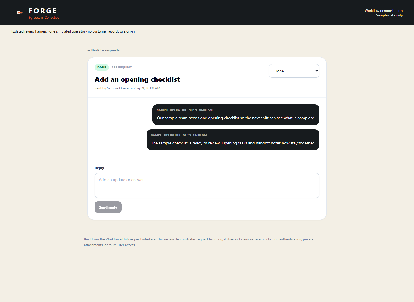 Forge sample request with replies and a Done status